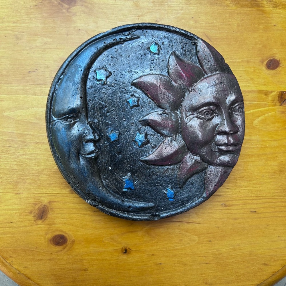Vintage Celestial Sun Moon Wall Plaque Sculpture Black Blue 6.5 Inch Garden Art